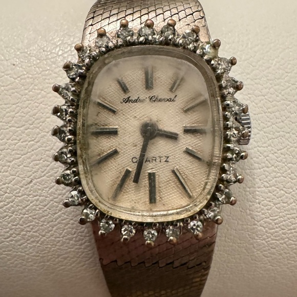 Vintage White Gold & Stainless Andre Cheval Ladies 28 Diamond Face Ladies Watch - Picture 3 of 10